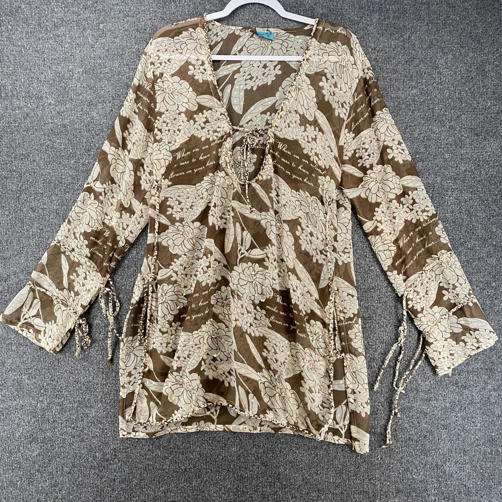 Letarte Top Womens L Floral Sequins V-Neck Coverup Popover Fairycore Hippie Boho